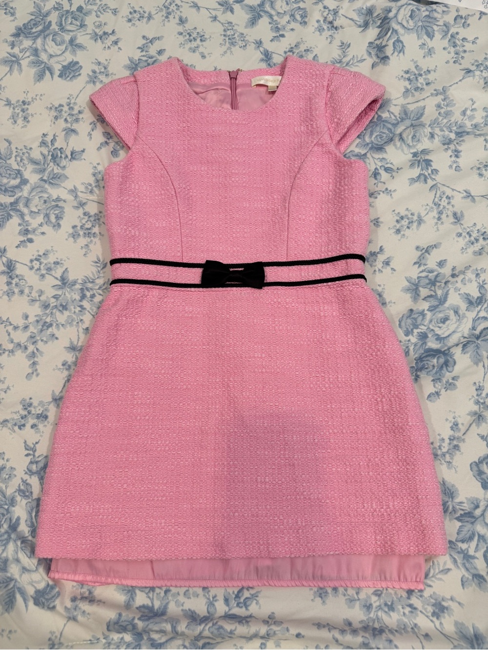 LoveShackFancy Pink Textured Dress with Black Waist Bow